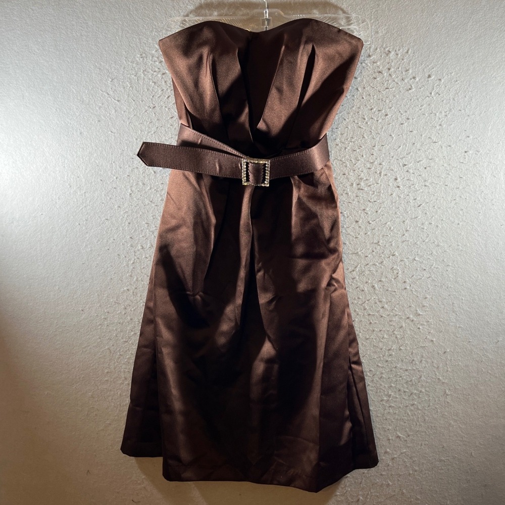 1319 | Alfred Angelo Satin Strapless Belted Cocktail Prom Dress Brown Womens 4